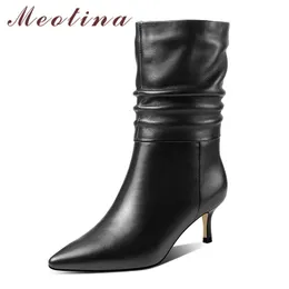 Botas de cano médio mulheres sapatos plissados couro real salto alto senhora apontou toe stiletto saltos curto inverno preto 210517 gai gai gai