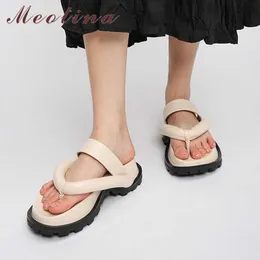 Meotina Flip Flop Slippers Women Shoes Genuine Leather Sandals Wedges Med Heel Slides Square Toe Ladies Footwear Summer Beige 41 210608