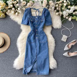 Dekor sommarkvinnor Kortärmad Casual Square Collar Loose Front Buttons Lady Denim Long Blue Dress Vestidos MJ080 210709