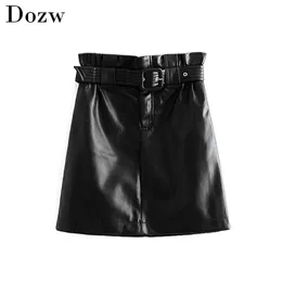 Women Fashion PU Faux Leather Skirt With Belt High Waist Pleated Streetwear s Chic A Line Mini Faldas Mujer 210515