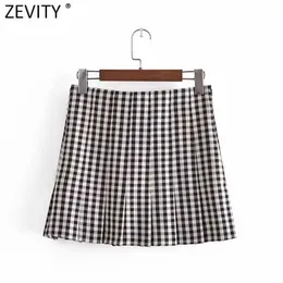 Women Vintage Plaid Print Hem Pleats Casual Slim Mini Skirt Faldas Mujer Ladies Side Zipper Chic A Line Vestidos QUN772 210416
