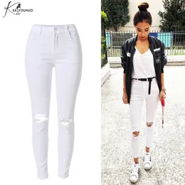 2020 hög midja vit denim hål rippade jeans kvinnliga jean slim pantalon femme sommar penna byxor för kvinnor Jeggings byxor Q0801