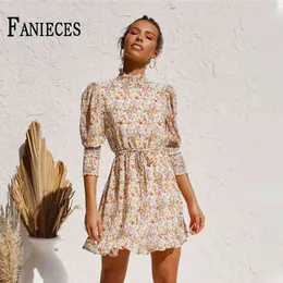 Summer Holiday Dresses Women Floral Chiffon puff Sleeve Dress Mini Vintage Office lady Vestido kobieta sukienka 210520