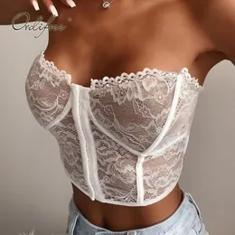 Letnia Bez Ramiączek White Lace Tank Off Ramię Czarny Krótki Camis Slim Sexy Crop Top 210415