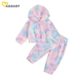 6M-5Y Spring Autumn Toddler Kid Girls Clothes Set Tie Dye Pullover Hooded Sweatshirts Pants Tracksuit Children Outfits 210515