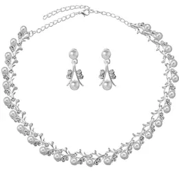 2021 brud dagböcker bröllop tillbehör simulerade pärla tiara krona örhängen halsband sätta silver pläterade brud smycken uppsättningar