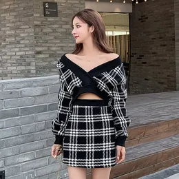 Womens Elegant Plaid Two Piece Outfit Long Sleeve V Neck Sweater