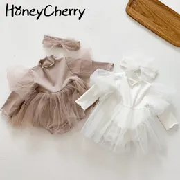 Vårkoreanska Baby Bodysuits Puff Lace Dress Girl Clothes (Ha Hair Band) 210515