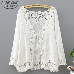 Summer Fashion Seaside Holiday Print Swimsuit Beach Sunscreen Blouse Lace Long Sleeve Women Blouses and Tops 3164 50 210417