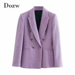 Moda Double Breasted Purple Tweed Blazer Kobiety Office Nosić Chic Kurtka Płaszcz Elegancki Długi Rękaw Outnewear Topy 210515