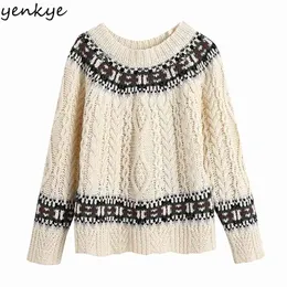 Mode Frauen Vintage Jacquard Strickpullover Rundhals Langarm Streetwear Pullover Weihnachtspullover Plus Size Tops 210514