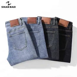 Shan bao 2021 outono marca novo slim stretch jeans estilo clássico moda jovem casual fit jeans luz azul cinza escuro g0104