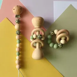 Baby Pacifier Holders Chain Clips Weaning Teething Natural Wooden Beads Teeth Practice Toys Leopard Infant Feeding Pacifiers 3Pcs/Sets