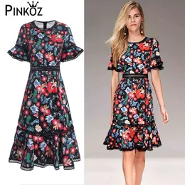 Elegante Floral Impresso Patchwork Escavado Out High Cintura Flare Manga Curta O-Pescoço Summermermadeid Comprimento Do Joelho Vestidos Mulheres 210421