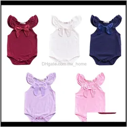 Jumfsuits Giyim Giyim Bebek Annelik Bırak Teslimat 2021 Bebek Kız Kısa Tulum 5 Renkler Rahat Uçan Kollu Pamuk Papyon Dantel Jumpsu