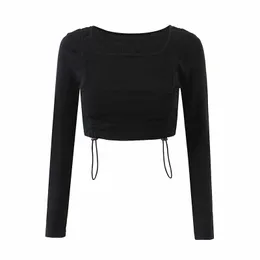 Sezon Letni Kobiety Europejski i Amerykański Styl Fold Elastyczne Square Neck Drawstring Z Długim Rękawem Wysoka talia Kobieta T-shirt 210520