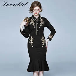 Spring Autumn Women Golden Flower Embroidery Elegant Turn Down Collar Long Sleeve Black Bodycon Party Mermaid Dress 210416