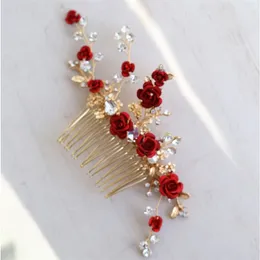 Jonnafe Red Rose Floral Headpiece Dla Kobiet Prom Bridal Hair Comb Accessories Handmade Biżuteria ślubna 211019