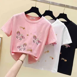 Wwenn Summer Short Sleeve T-shirts Kvinnor Casual Broderi Tees Black White Pink Tops Kvinnliga Basic Tshirts Dam 210507