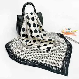 90cm Silk Scarf Women's 2021 New Black and White Dot Printed Square Scarf Simulation Satin Color Dingtou Scarf Y1108