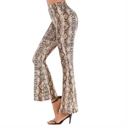 Kvinnor Höst Snake Skin Print Flare Byxor Fashion Wide Leg Sexig Party Club Long Elastic Waist Bodycon Trousers Pant 211124