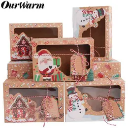 Ourwarm 12/24 pcs kraft papel caixas de presente de cookie de natal com janela clara 22 * ​​15 * 7cm caixas de favores de ano novo para cookies trata H1231