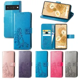 Imprint Clover Wallet Fodral med kortplats för Google Pixel 6 Pro 5 XL 5a 4 4a En plus 8 8t 9 9R 9RT Nord N10 5G N100 SONY XPERIA 1 5 II 10 III Blomma Lace Prägling