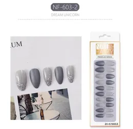 Silvergrå modefärg False Nails Trips 24st Pointed Sharp med Shiny Sequin Glitter Nail Tips Fake Transparent Full Cover Wear Finger Art