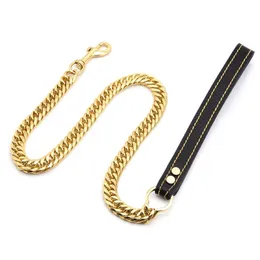 Pet Dog Leash Gold Chain Puppy Collar Necklace Stainless Steel Bulldog Collar Leash 17mm Small Middle Large Dog Leash 210729