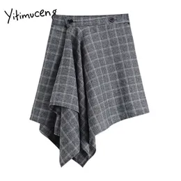 Yitimuceng Black Skirt Woman High Waist Plaid Skirts Irregular Checkerboard Clothing Japanese Casual Checkerboard Harajuku Skirt 210601