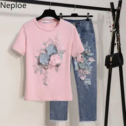 Mulheres Verão Set Flores Lantejoulas Applique Algodão T Shirt + Desgastado Denim Calças Jeans Solta Femme Dois Peça 1D296 210422