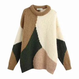 Women Fashion Round Neck Color Matching Thick Bar Knit Loose Long Sleeve Sweater 210521