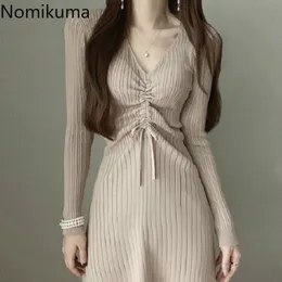 Nomikuma Koreanische Kordelzug Plissee V-ausschnitt Pullover Kleid Langarm Schlanke Taille Gestrickte Kleider Herbst Elegante Vestidos 6C186 210427