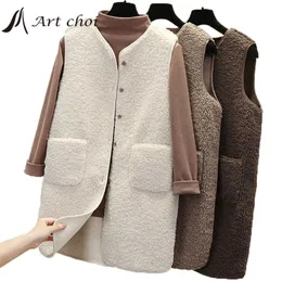 Thick Faux Fur Vest Jacket Winter Women Sleeveless Garment Waistcoat Overcoat Casual Suede Warm Long Female Coats Outerwear 211120