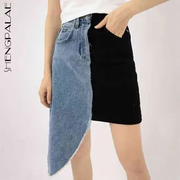 retalhos contraste cor saia mulher verão cintura alta irregular mini denim saias femininos 5e311 210427