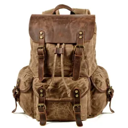 Mens Waxed Canvas Backpack Rucksack forwith Laptop Compartment Rustic Men Wax Leather Backpacks Travel Vintage Bookbag 210929