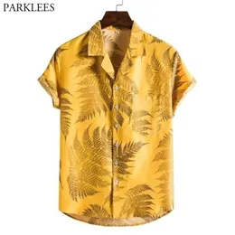 Sarı Erkek Hawaii Plaj Gömlek Marka Kısa Kollu Yaprakları Moda Baskı Tropikal Aloha Gömlek Tatil Küpü Chemise 210522