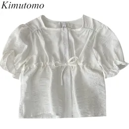 Kimutomo solid chic blus kvinnor sommar mode fyrkantig krage flare ärm slank midja spets-up kort skjorta elegant avslappnad 210521