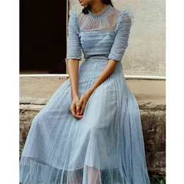 Vintage Blue Mesh Dress Woman Short Sleeve High Waist Elegant Vestidos Lady Runway Self Party Bridesmaid Dresses Female Summer 210603