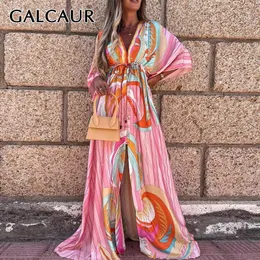 Galcaur rosa tryck vintage klänning för kvinnor v nacke långärmad hög midja träff färg sida delad golv längd sexiga klänningar kvinnor 210706