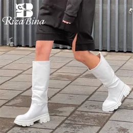 Rizabina äkta läder knä stövlar för kvinnor ins vinterplattform skor kvinna mode hög häl lång boot lady footwear size 34-40 211105
