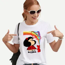 Kvinnors t-shirt kawaii roliga mafalda tryck grafiska kvinnor harajuku estetiska kläder vita toppar tshirt mode casual kvinnlig skjorta