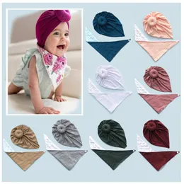 10 colors Cute Infant Toddler Unisex Knot Donut Indian Turban Bib sets Kids Triangle scarf Caps Baby Coral fleece Hat Burp Cloths Hairband