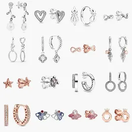 925 Sterling Silver stud Brand New Sparkling Double Hoop Earrings High rose gold star love Ear Studs charm Birthday Engagement Dust Bag Gifts fit Pandora Charm