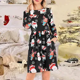 Christmas Women Dress Fashion O Neck Long Sleeve Elk Bear Print Year Party Holiday Loose Ladies es 210526