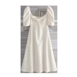 Kobiety Lato Biały Vintage Sexy Chic Długa Dress Twist V Neck Rękaw Puffowy A-Line Sundress 210520