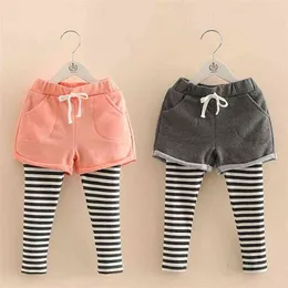 Vårhöst Korea 2 3 4 6 8 10 År Barn Fick Shorts Baby Culottes Lace Kjol Striped Leggings för Baby Kids Girls 210701