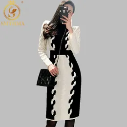 Wysokiej Jakości Luksusowy Runway Zima Koreańska Sukienka Temperament Szczupła Knit Kolor Dopasowywanie Mody Sweter Sukienki 210520