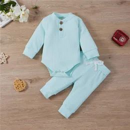 Farben Frühling Säugling Kinder Junge Mädchen Casual Hosen Anzug Rippen Gestrickte Einfarbig Bodys T-shirts + Elastische Lange Hosen Kleidung Sets