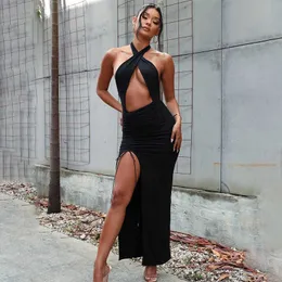 Yaz İpli Dantelli Seksi Bölünmüş Maxi Elbiseler Zarif Cut-Out Kolsuz Backless Uzun Elbise Moda Kıyafet Vestido Robe 210625